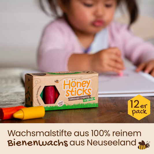 Honeysticks Beeswax Crayons (12 Pack) - Non-Toxic Baby Crayons made from Natural Beeswax, Crayons for Ages 1+, Easy-to-Grip Toddler Crayons, Environmentally Friendly and Child-Safe