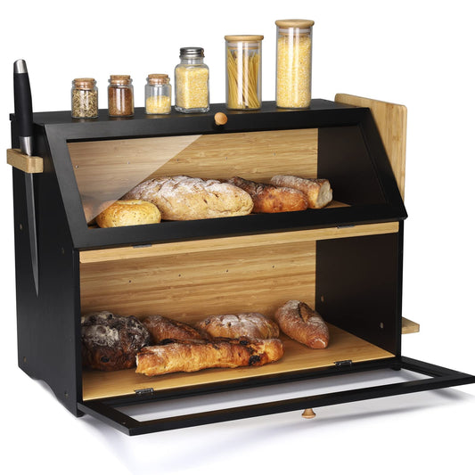 Leader Accessories Bamboo Bread Box 2-Layer Bread Bin with Bread Cutting Board food safe Bread Storage easy to clean 50x25x37cm Black