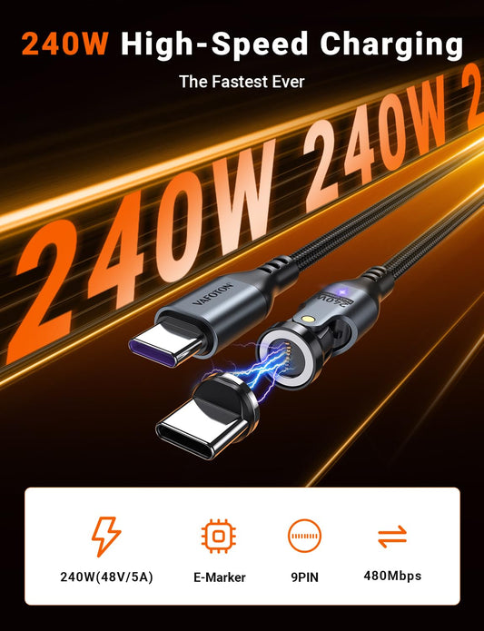 VAFOTON 240W USB C Magnetic Charging Cable (2Pack, 1.8m/1.8m), 240W (48V/5A) PD Fast Charge Magnetic Charging Cable, 9Pins USB C to Type C Magnetic Charging Cable for Tablet/Laptop/MaBook (Black)