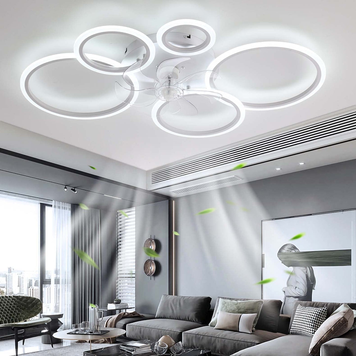 YUNZI Modern Ceiling Fan with Light, LED 72W Dimmable Ceiling Fan Light, Ceiling Fan Lamp for Living Room Bedroom Kitchen, 6 Speeds, White 100cm