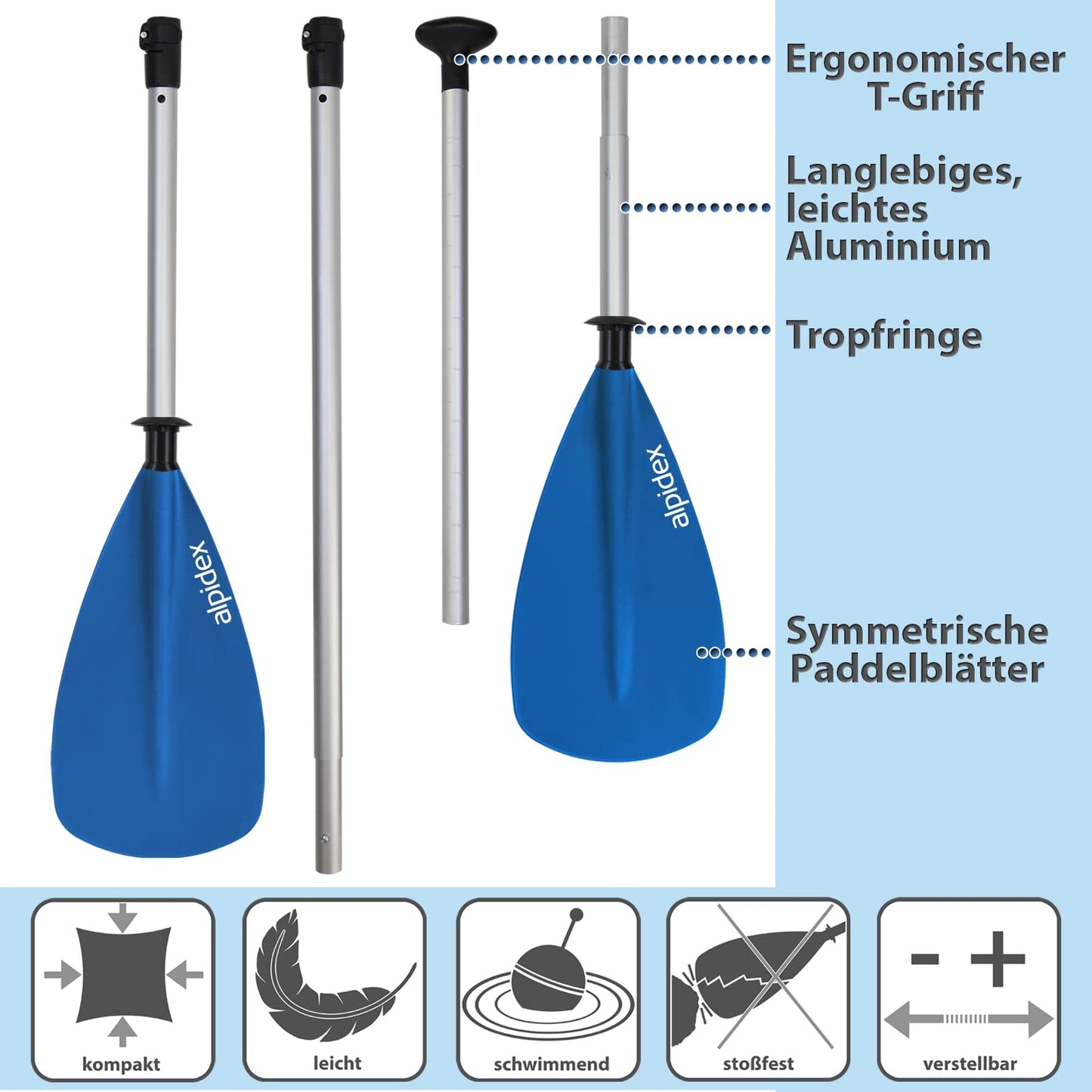 ALPIDEX 2 in 1 Paddle SUP Kayak Adjustable Lightweight Double Paddle Telescopic Paddle 160-207cm Aluminum Stand Up Paddle Board Kayaking, Color: light blue