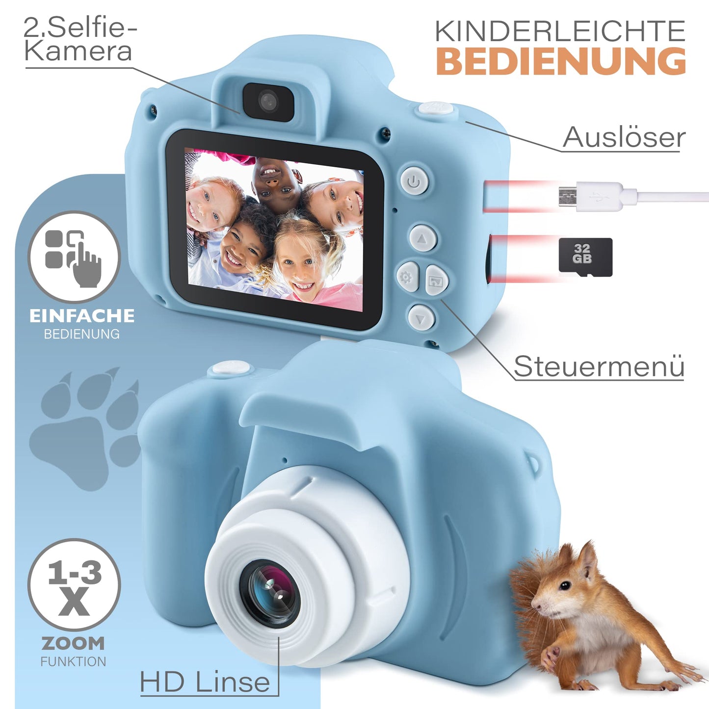 Lion Toys Kids Camera Blue | Photo camera with 32GB memory card, silicone protective case & fun effects | 18 megapixels | rechargeable | Easy operation for ages 3-12.