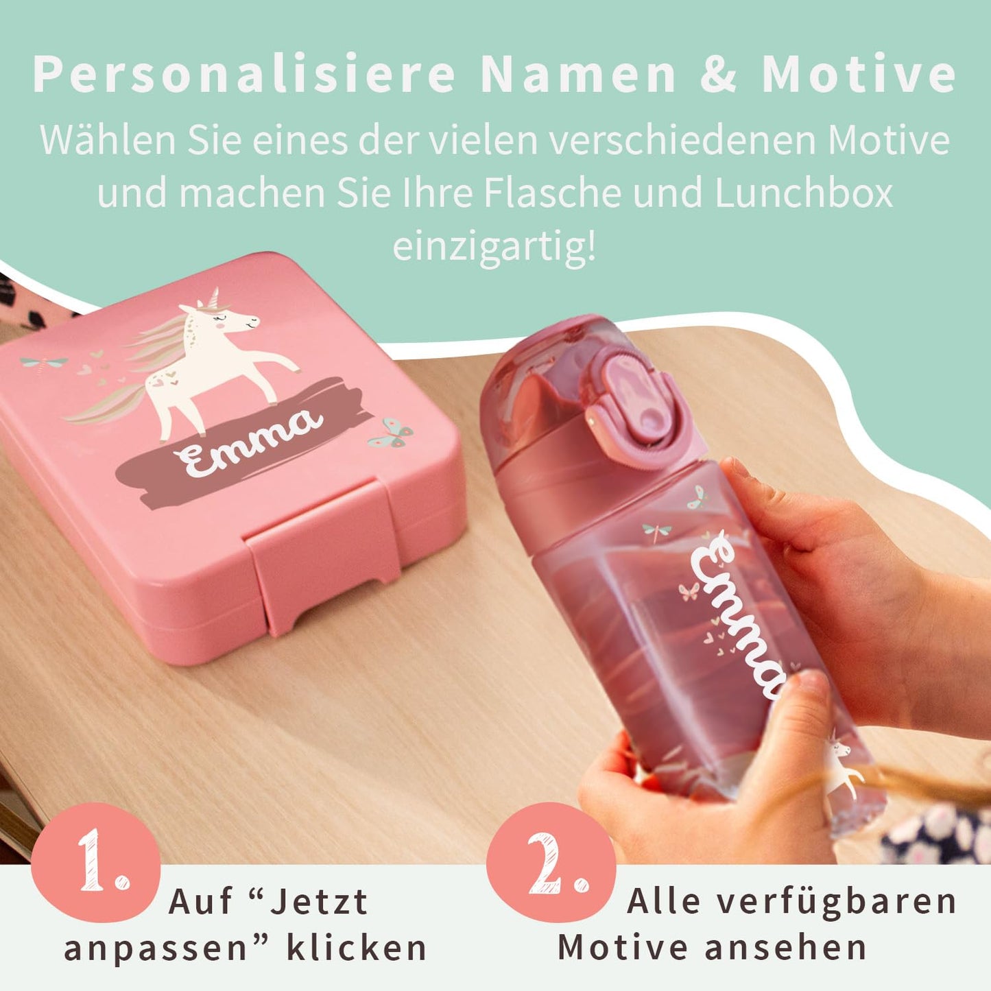 Well-marked - Set with personalized water bottle for kids & personalized plastic lunch box for kids - water bottle with straw and 450ml - 100% BPA-free (Petrol)