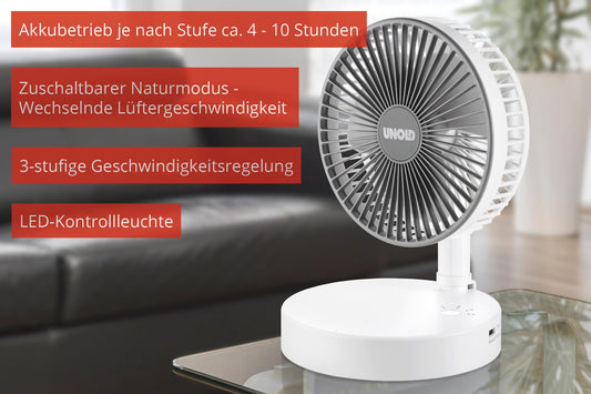 UNOLD 86720 Telescopic Fan Cordless - White, folding mechanism, space-saving storage, adjustable height approximately 15 to 75 cm, 3-stage speed control, can be used as a power bank