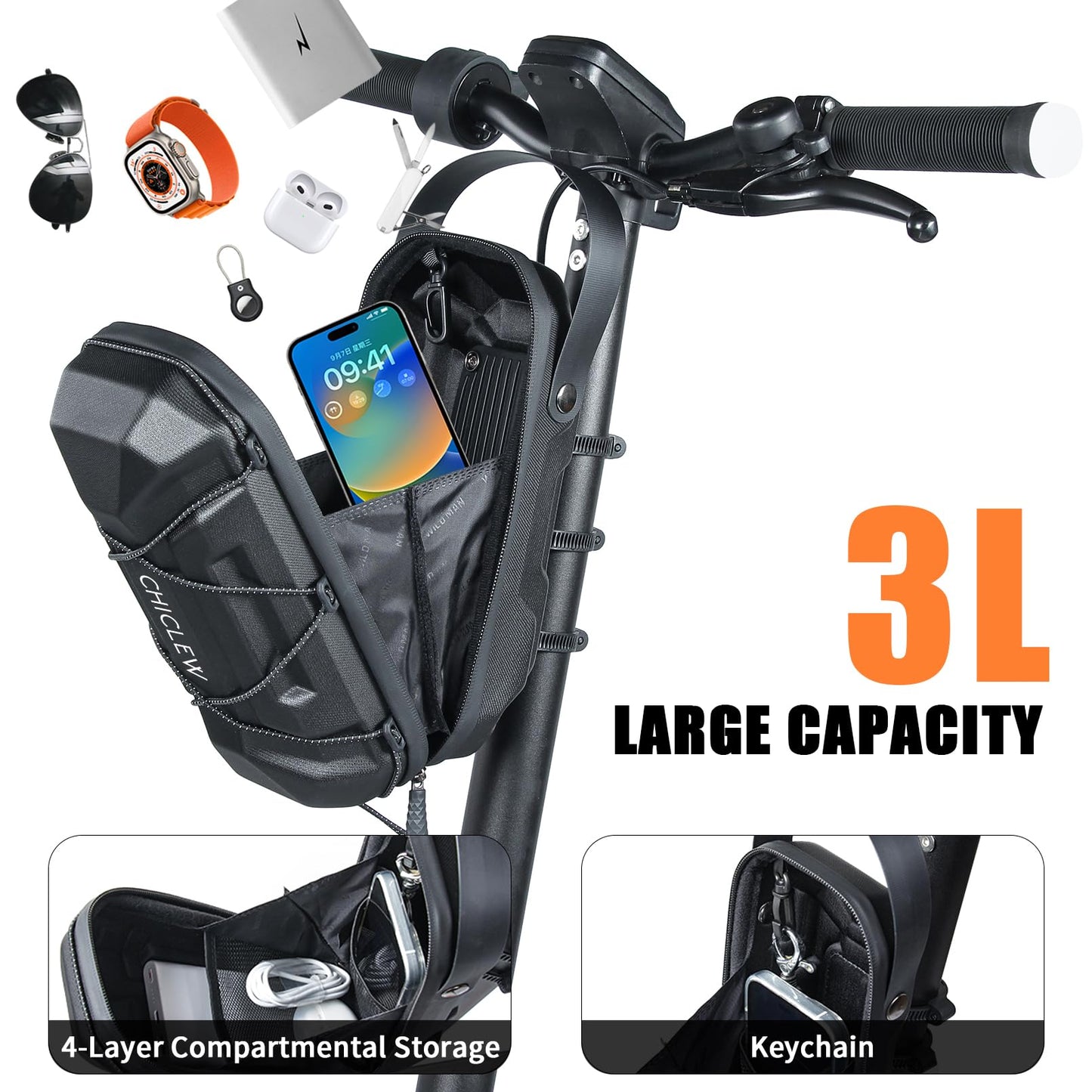 CHICLEW 3L Large Capacity Scooter Bag, Quick Release Waterproof E-Scooter Bag, Portable Bag E-Scooter with Multi-colored Drawstrings, Handlebar Bag Escooter for Xiaomi Mijia Segway Ninebot