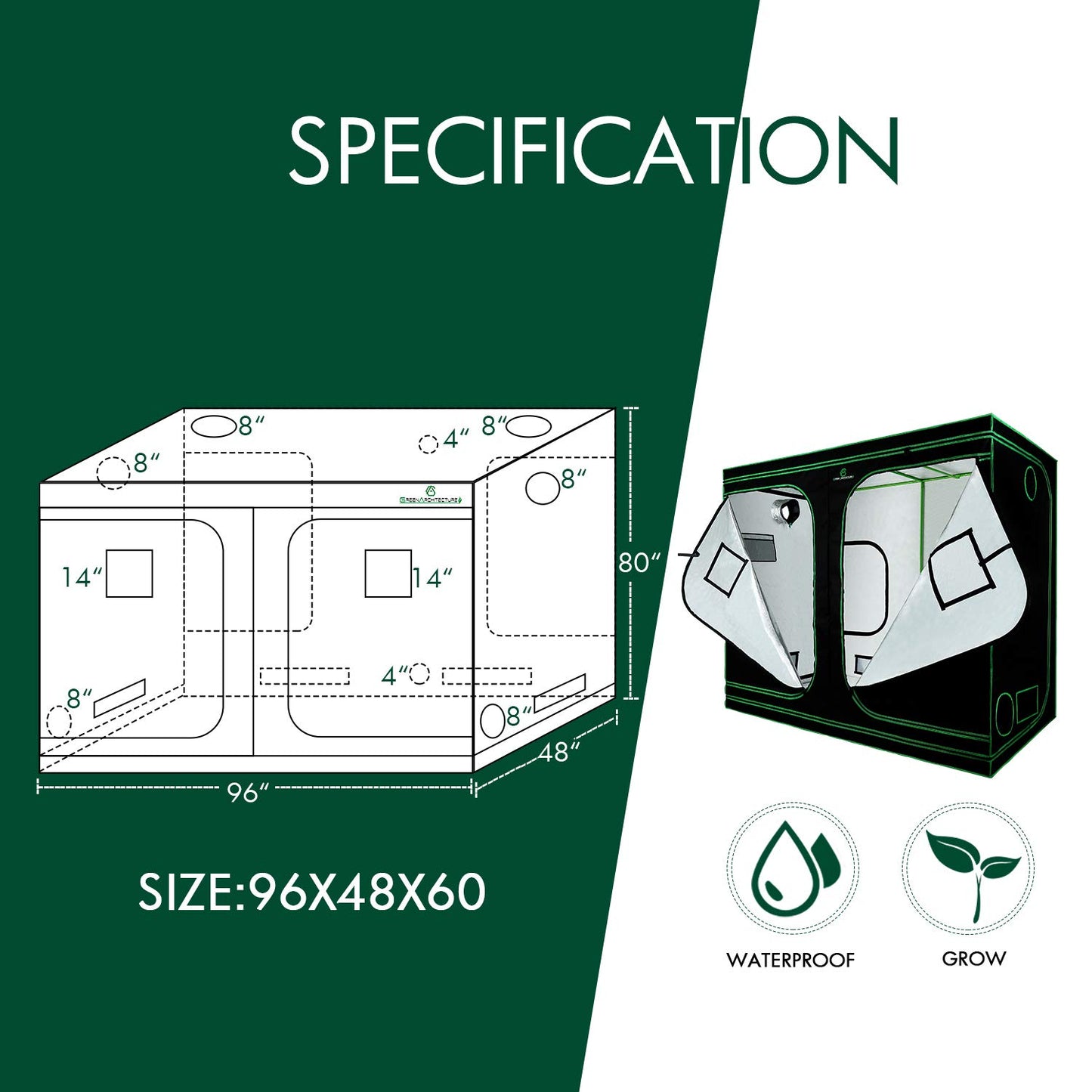 GA Grow Tent 240x120x200 cm (4x2) propagation tent Tent Reflective Mylar Hydroponic Greenhouse Tent waterproof floor tray for indoor plant cultivation