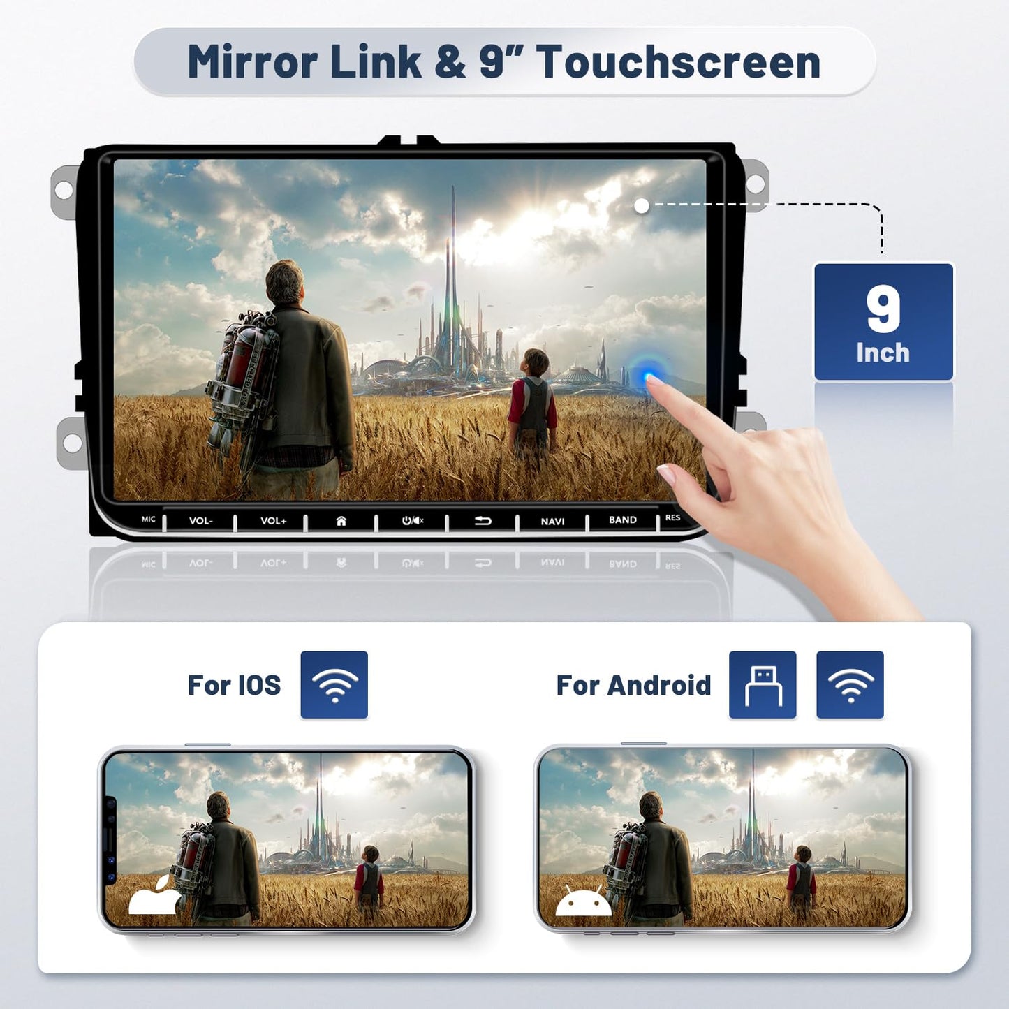 2+64G Android car radio for VW Golf 5 Golf 6 Skoda Passat B6 Passat B7. 9-inch touch display car stereo with GPS, WiFi, mirror link, Bluetooth, rearview camera, and microphone.