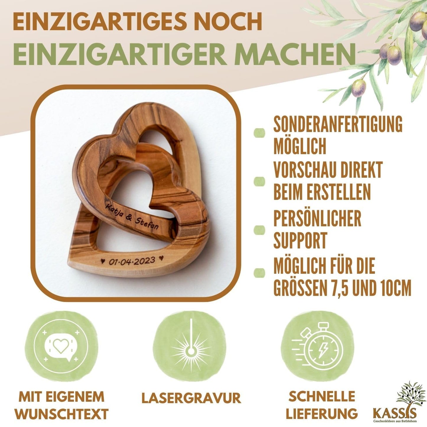 Kassis Gift Items Personalized Olive Wood Hearts for bride and groom, for Valentine's Day, anniversary, wedding day, birthday - connected wooden hearts - wedding gift - (7.50 cm)