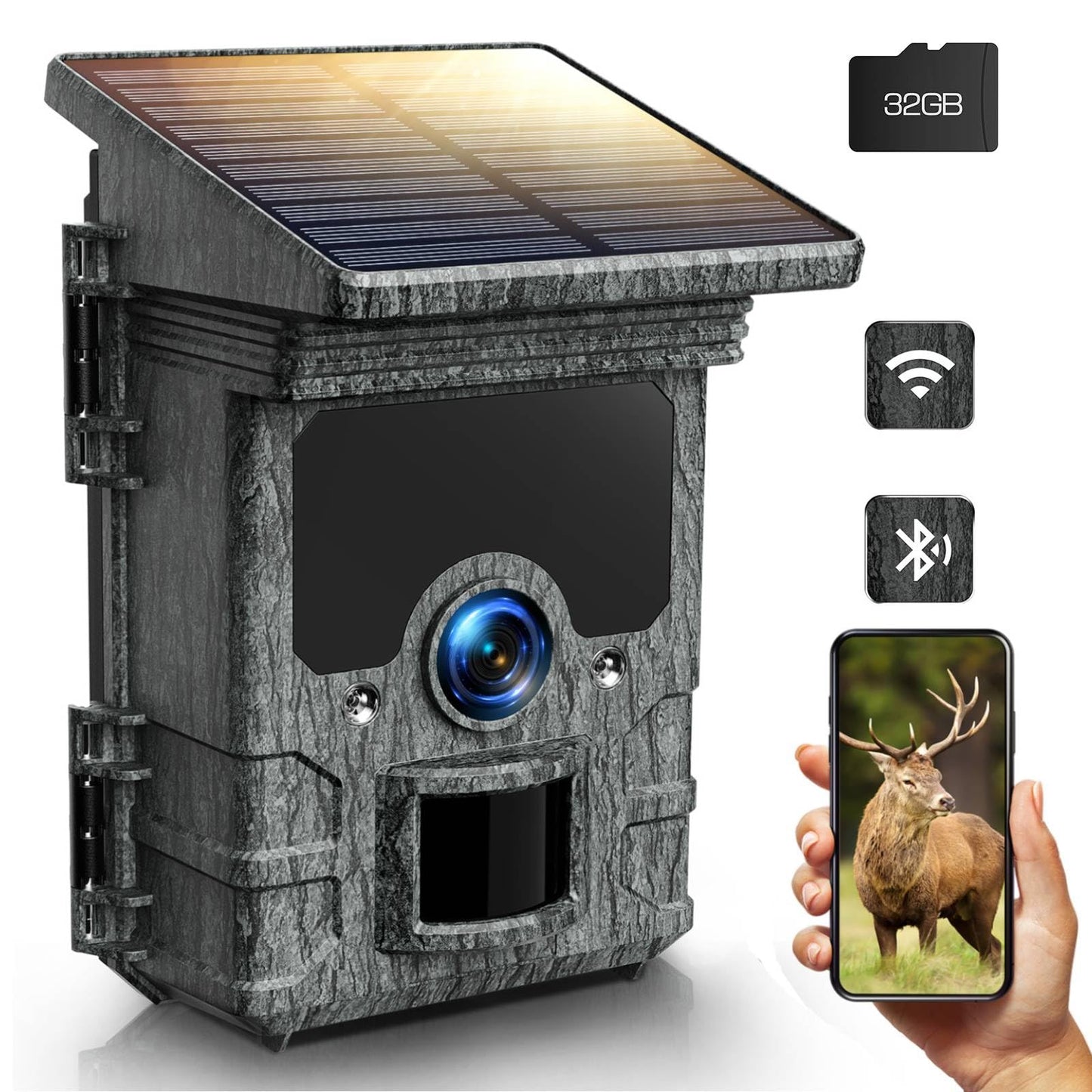 VOOPEAK Wildlife Camera Solar WiFi 4K 30fps 85MP, wildlife camera with mobile transfer APP, game camera with motion detector night vision 120° wide angle IP66 waterproof with 32GB Micro SD card