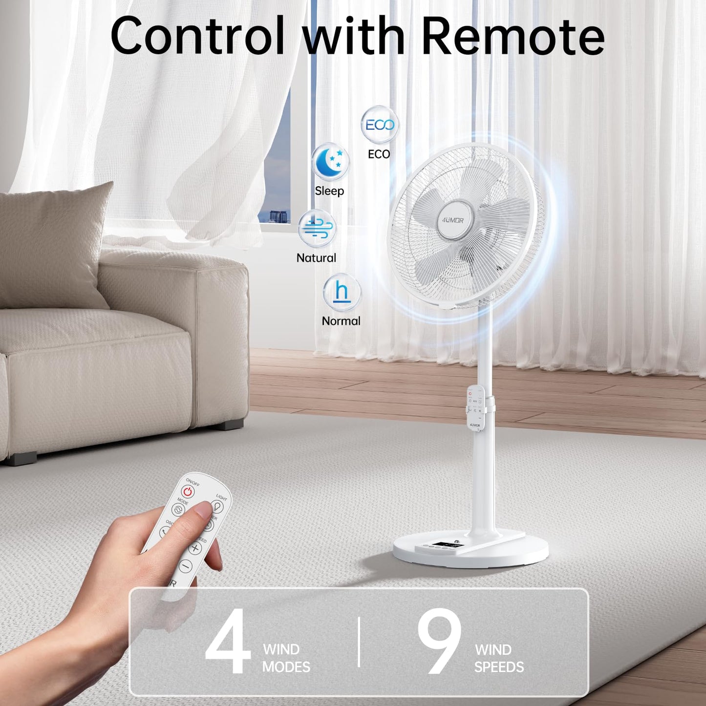 4UMOR Stand Fan quiet 24W 20dB DC Motor 9 Speeds 90° Oscillation adjustable Fan with remote control 9H Timer 41cm Diameter Fan quiet 80% Energy Saving