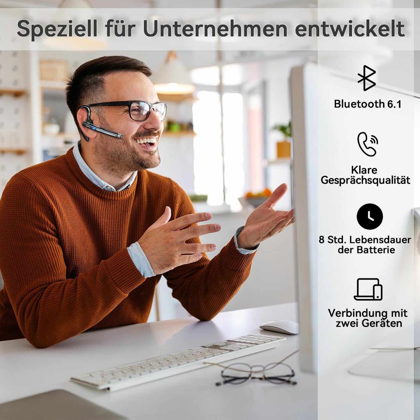 Bluetooth headset with microphone, V6.1 in-ear hands-free mobile wireless headphones with LED charging case for driving/business/office, IPX7 waterproof, compatible with iPhone Android smartphones and tablets.