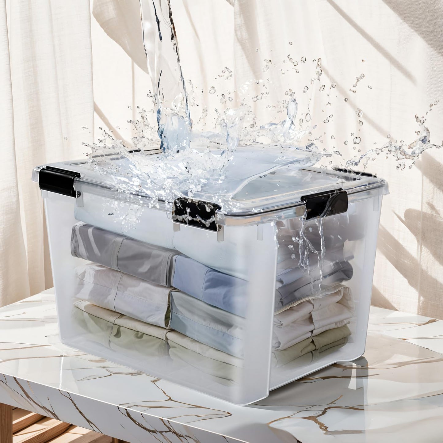 Iris Ohyama airtight plastic storage boxes with lid, 70L, 2-pack, transparent, hermetic waterproof seal, sturdy snap locks, stackable, dustproof, BPA-free, AT-LD.