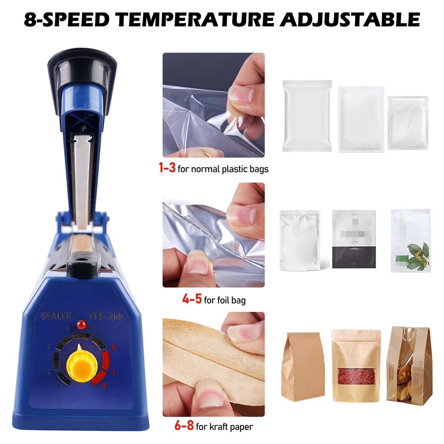 300 mm film sealing machine - Hand-operated sealer with 3 mm sealing width, 8-level temperature control, suitable for plastic bags, aluminum foil bags, kraft paper bags Blue