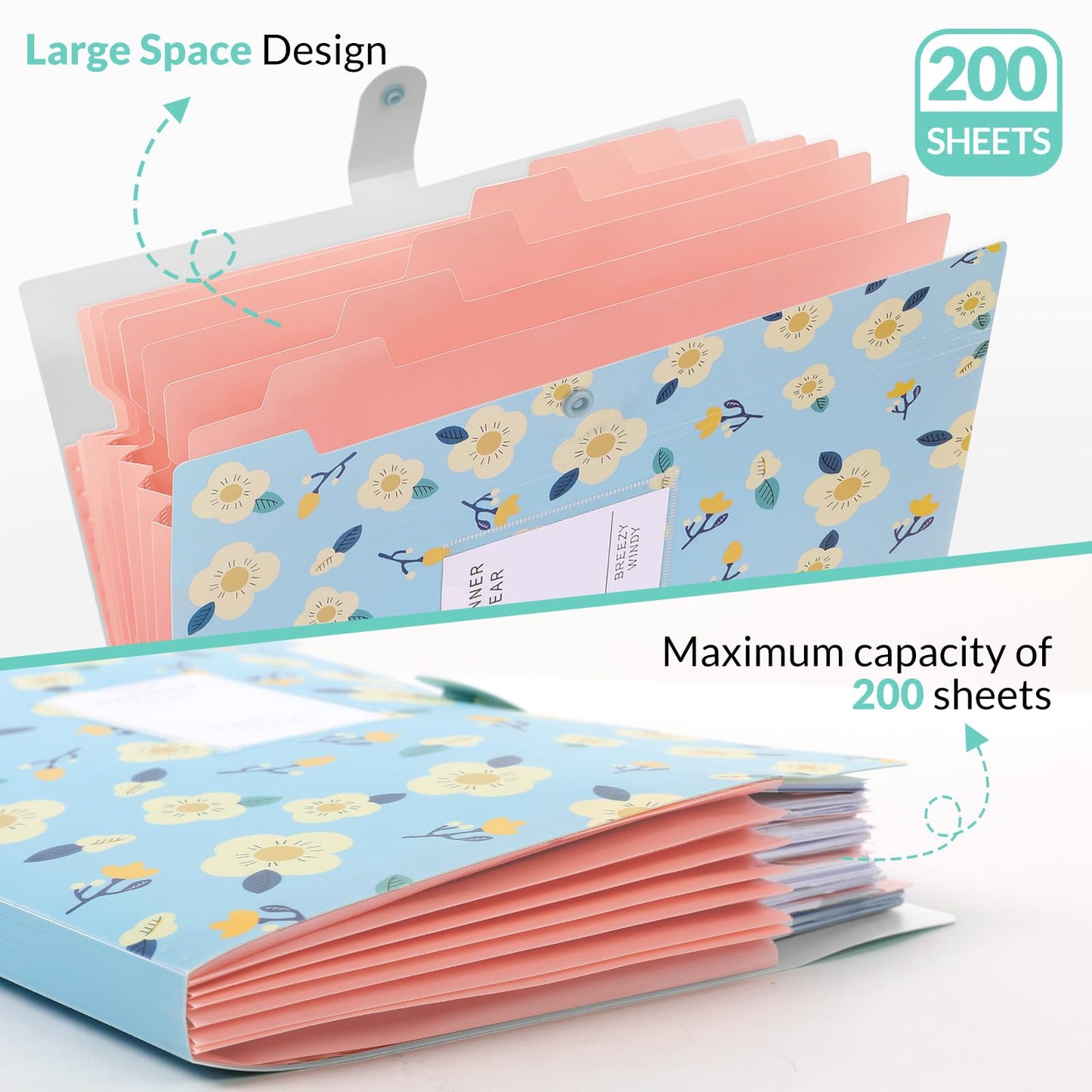 KONVINIT A4 expanding file with 7 compartments. Floral document organizer for home, school, and work trips. Large capacity. Set of 4.