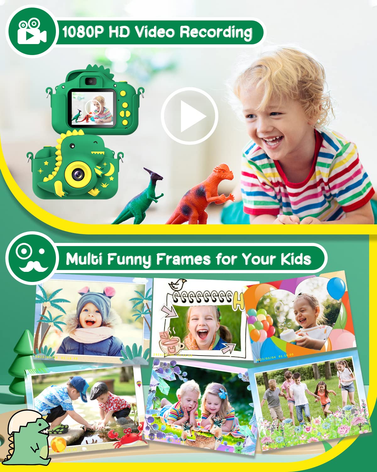 GREENKINDER Kids Camera, 2.0" Screen Children's Camera with 32GB Card, 20MP & 1080P HD Selfie Digital Camera for Kids, Dinosaur Gifts for 3-12 Year Old Boys and Girls