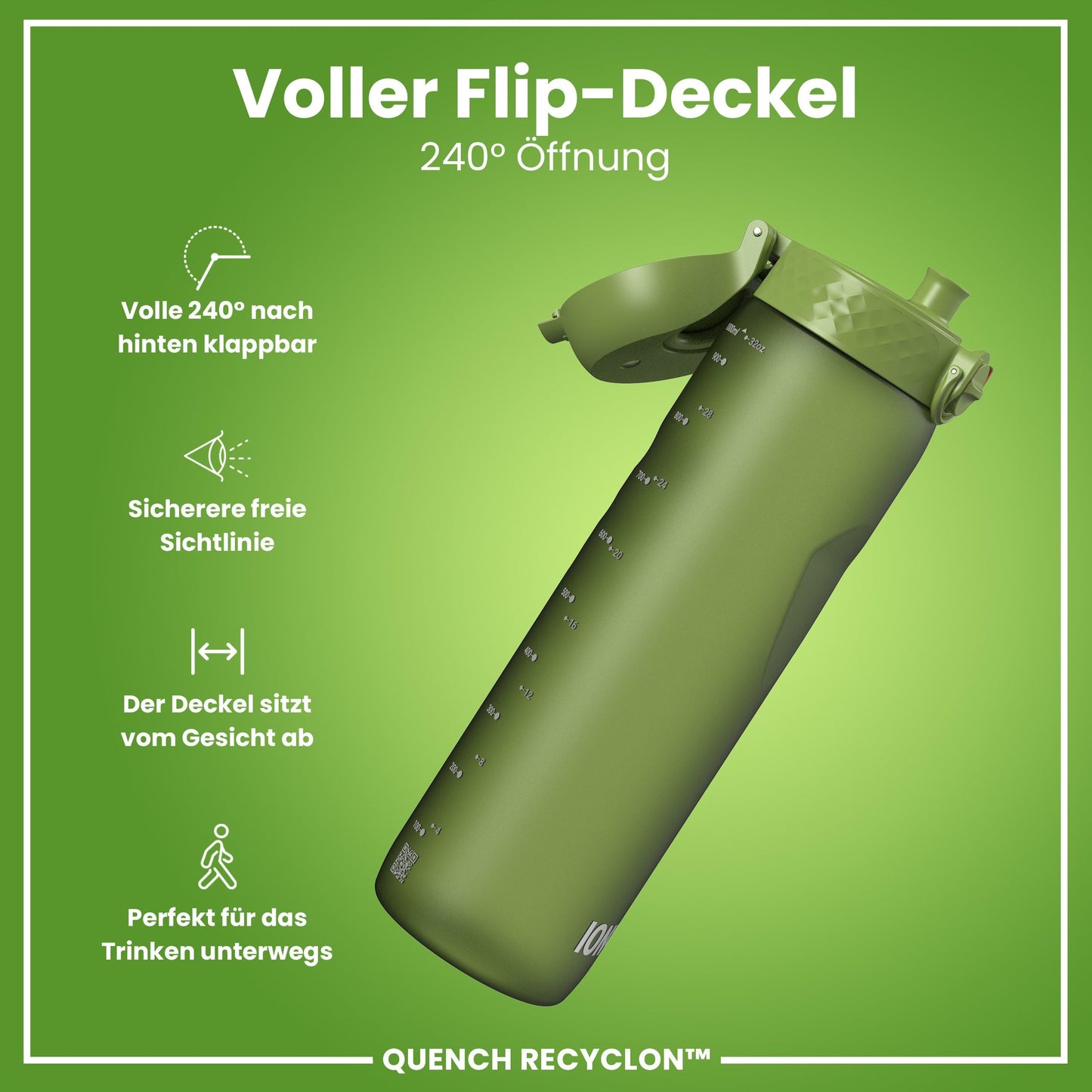 ion8 1 liter water bottle, 1000ml, leak proof, one-handed opening, secure locking, dishwasher safe, BPA-free, carrying handle, easy to clean, perfect for sports and gym, khaki green