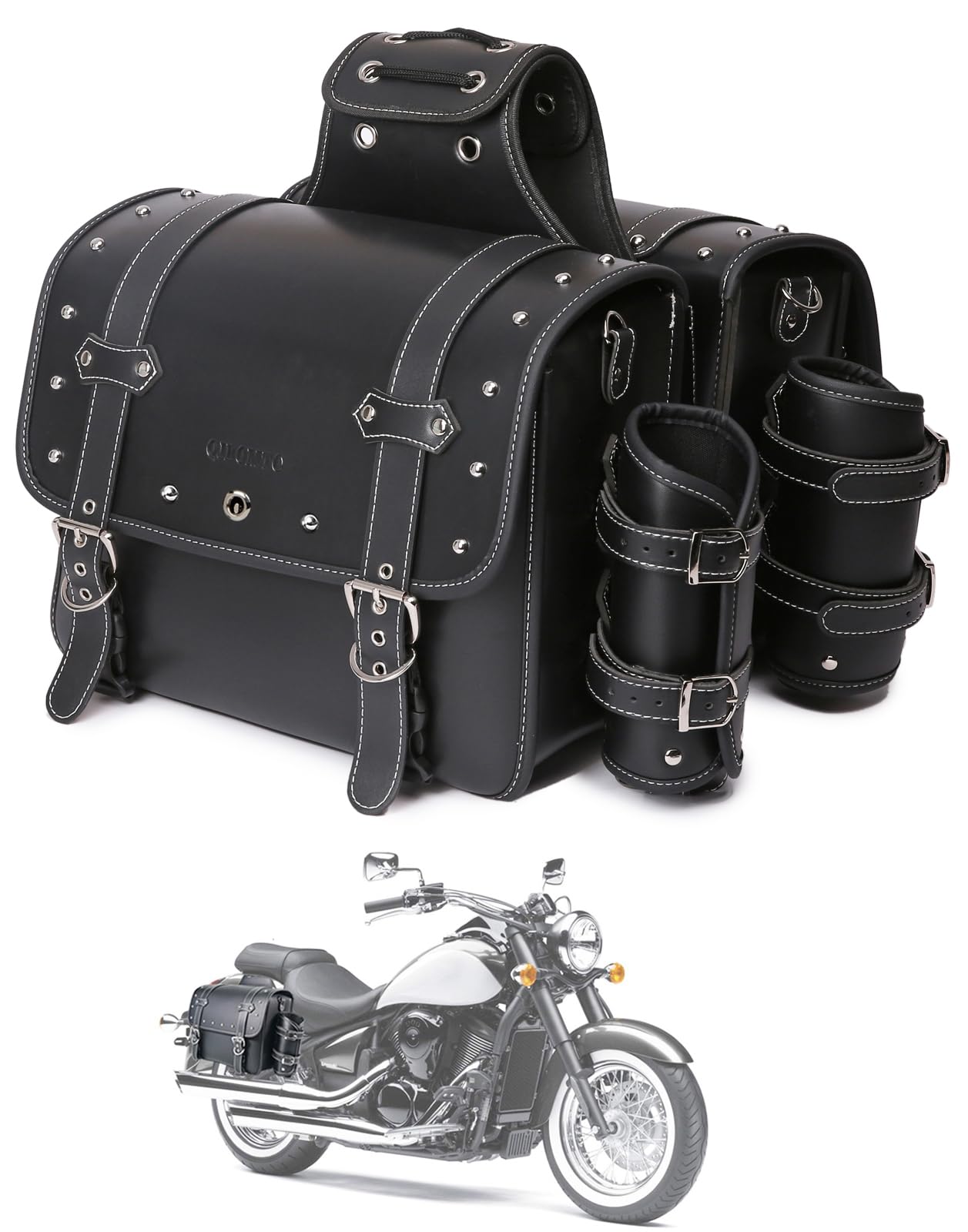 High-density leather motorcycle saddlebags, throw-over bags, luggage racks, side bags with drink holder, waterproof, side tool pouch, storage bag for motorcycle, universal, 1 pair, L, black.