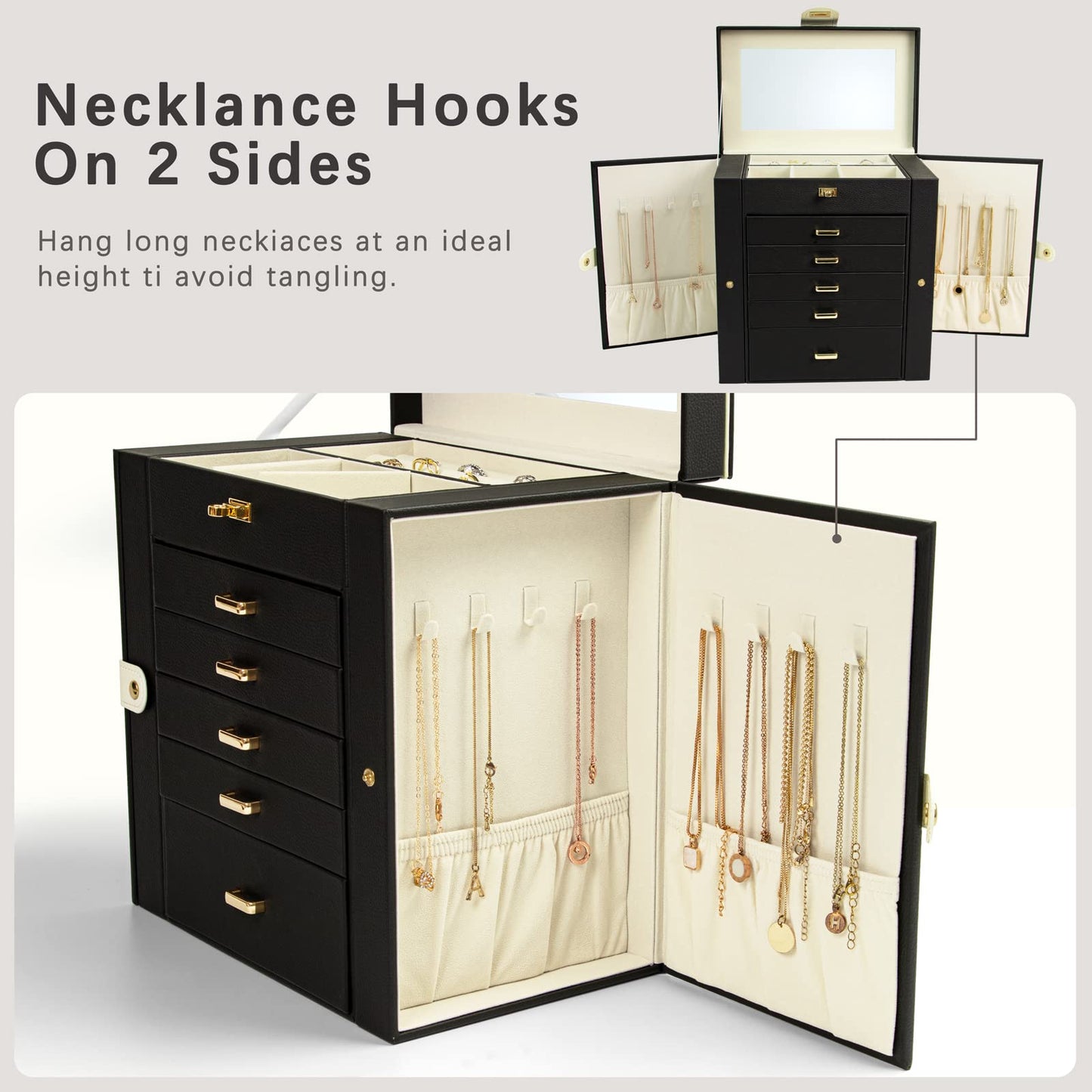 KAMIER 6-tier jewelry box made of high-quality natural wood with luxurious flannel and large mirror - Spacious jewelry case with side-opening doors for rings, earrings, & bracelets, Black