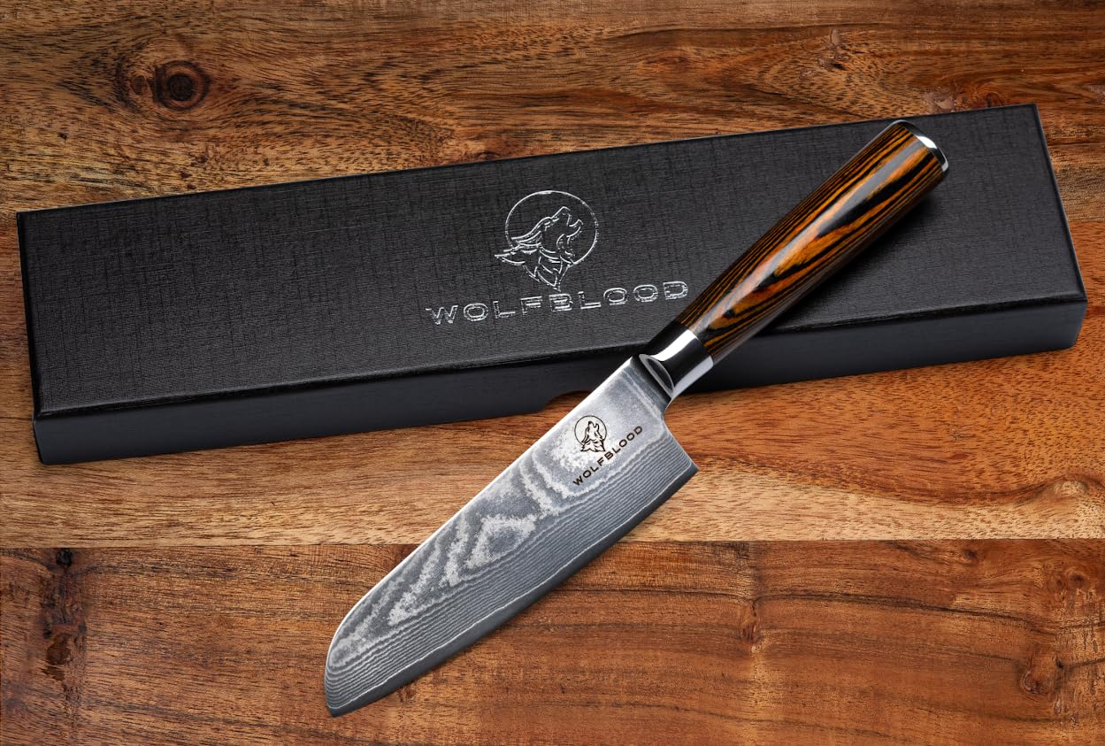 Wolfblood Damascus Santoku Knife L(24cm) Professional chef's knife made from authentic 67 layers Damascus steel I Damascus kitchen knife Santoku knife with wooden handle Gift box and blade guard