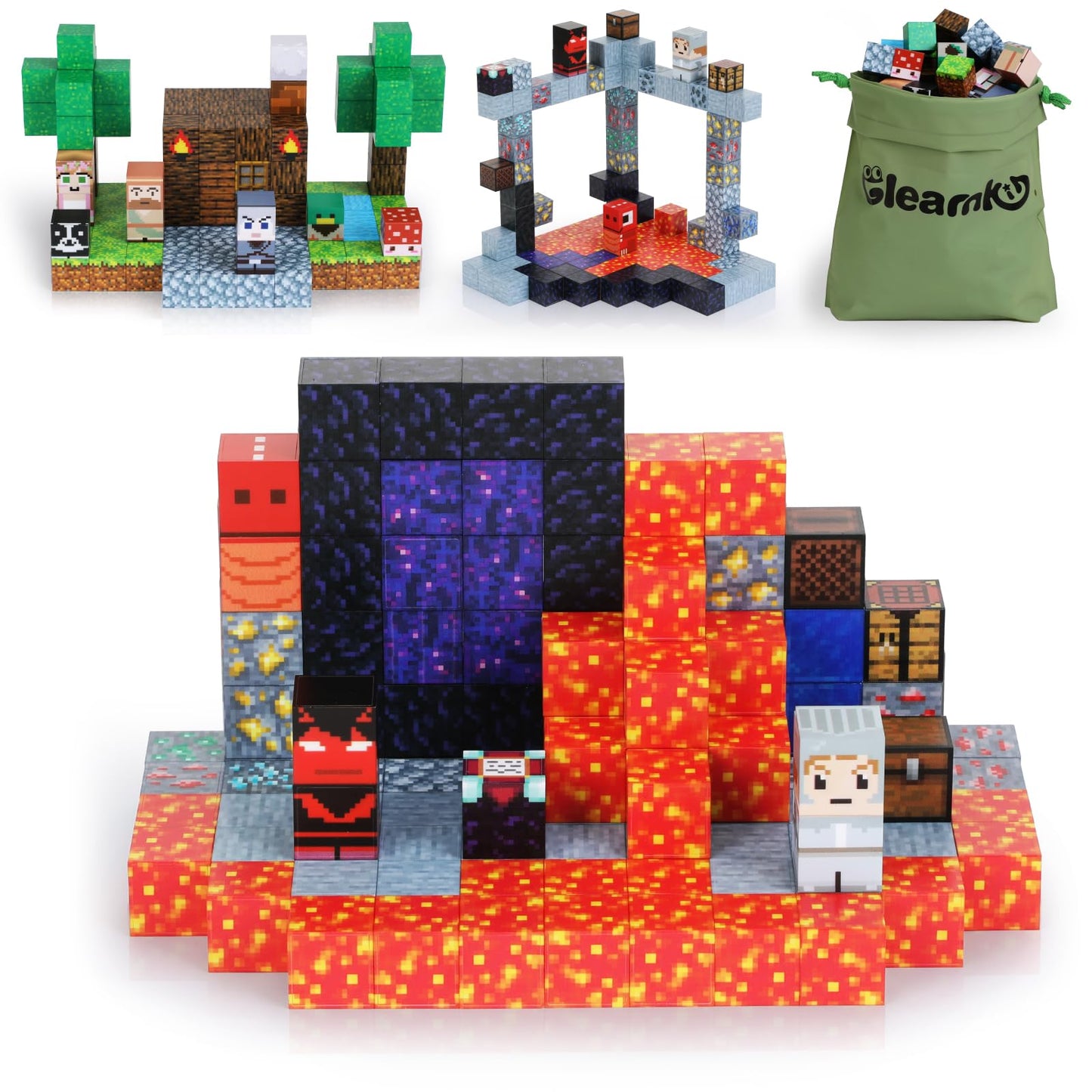 Gleamkid Magnetic Building Blocks, 115 Pieces Magnetic Blocks, Build Lava River, Volcano, Dinosaur World Adventure Block Game for Boys and Girls Ages 3+