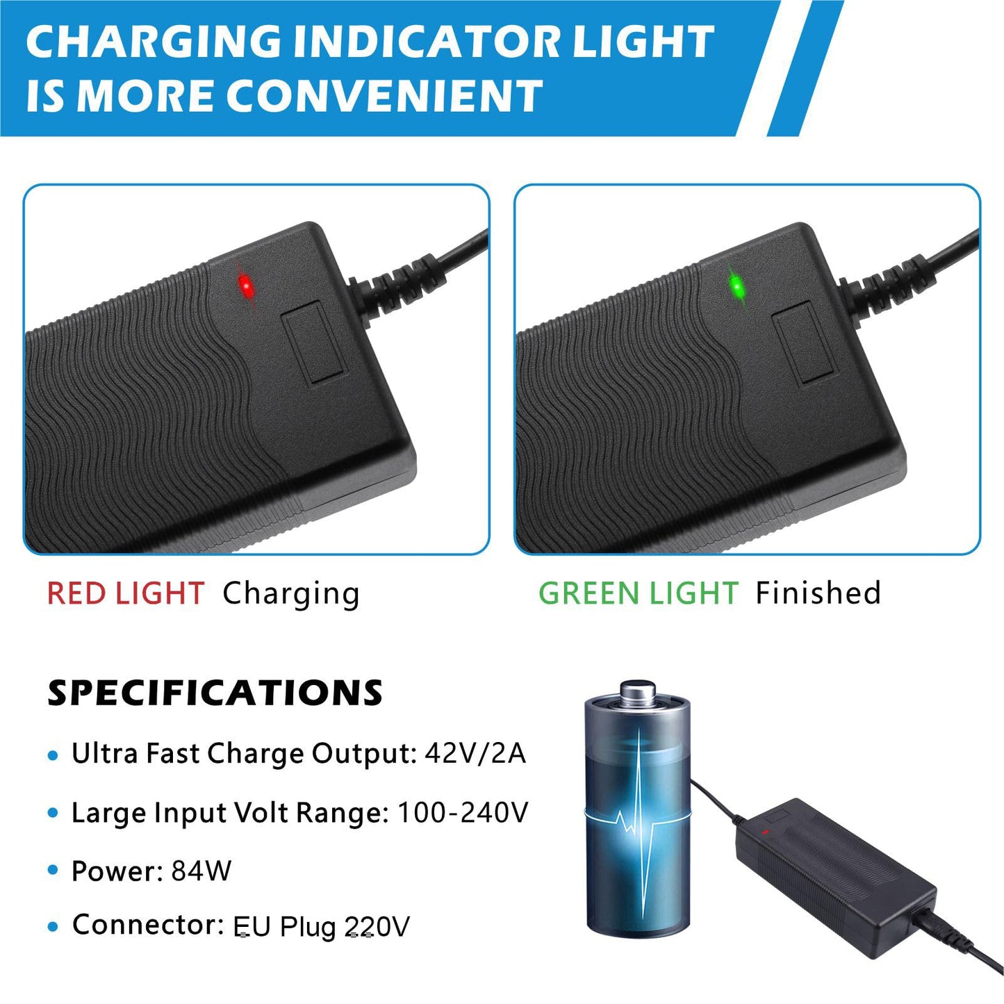 JIZZU Charger for Scooter, E Scooter Charger, 36 Volt 42V 2A AC Power Supply Bike, Hoverboard Charging Cable with 6 Connectors, Hoverboard Battery Electric Scooter Charger for Electric Scooter.