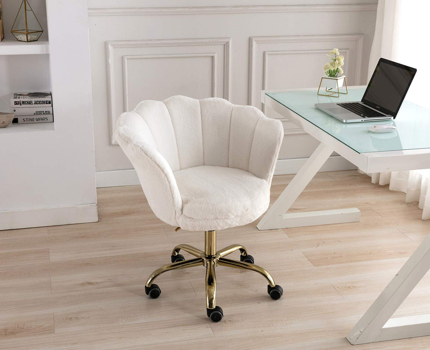 Wahson office chair made of faux fur swivel chair with wheels computer chair height adjustable, desk chair for bedroom/vanity, White