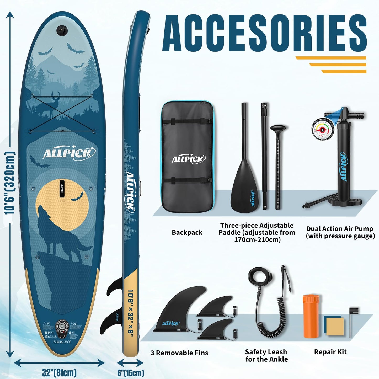 ALLPICK Premium SUP Board Set, Inflatable Stand Up Paddle Board, with Universal Camera Mount, Complete Accessories, Adjustable Paddle, for Beginners, Advanced, 200kg (Mysterious Blue)