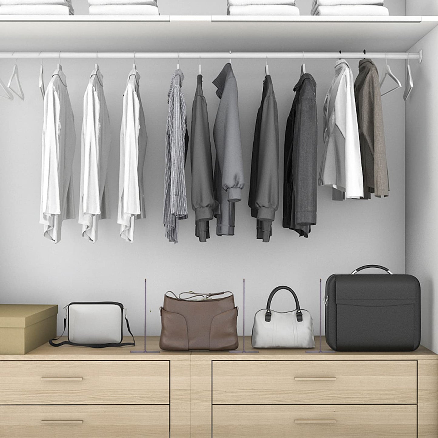 5 transparent plastic shelf dividers for cabinets, perfect for handbags, wallets, clothing, and more. Removable and ideal for organizing bedroom, kitchen, or office cabinets.