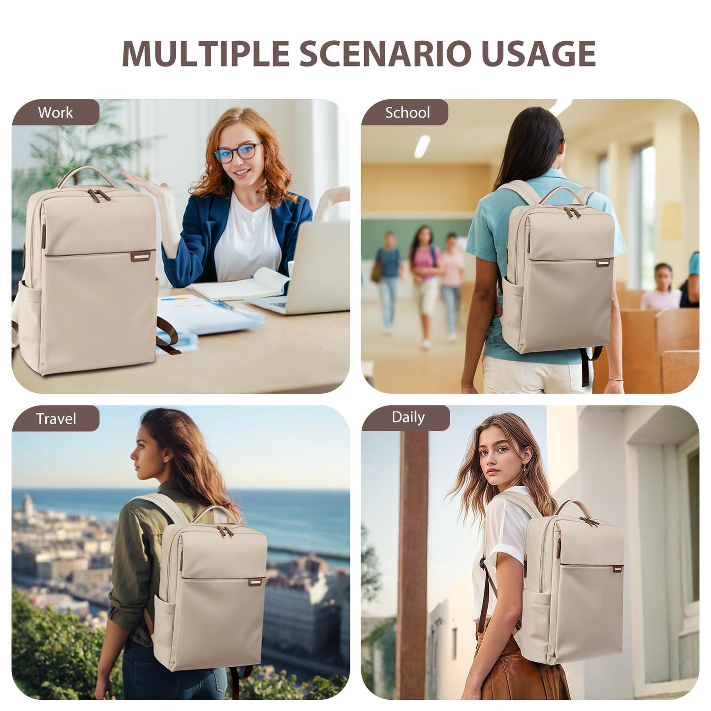 GOLF QUALITY laptop backpack, carry-on backpack 16 inches, backpack for women and men, waterproof business backpack, daypack for school, cycling, leisure, and travel in apricot color.