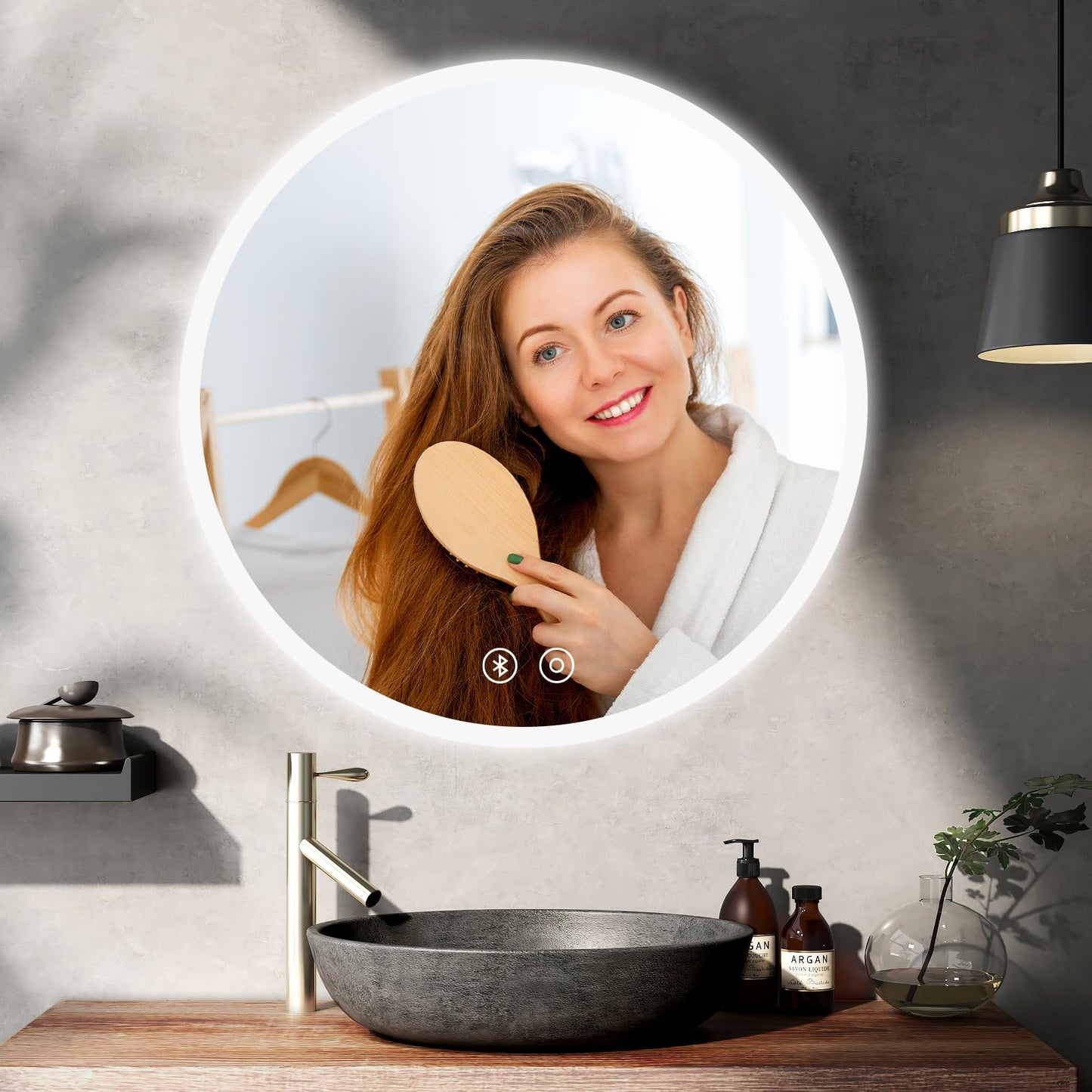 YOLEO round bathroom mirror with lighting, LED mirror with touch switch, LED fog-free bathroom mirror, 3 adjustable light colors, 50x50cm.