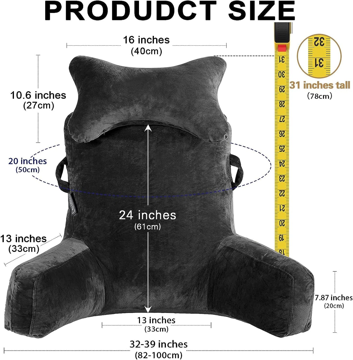Reading pillow extra large, 31 inches, bed rest pillow with removable neck roll and arms for sitting in bed or on the couch, back support, reading pillow, back pillow for adults, watching TV, black