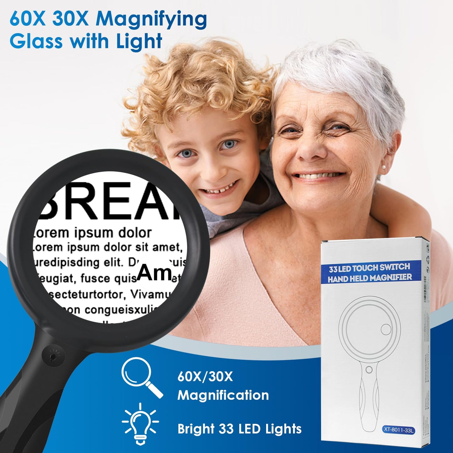 Magnifying Glass with Light, 60X 30X 33 LED Handheld Magnifier 30X Reading Magnifier with Light, USB Rechargeable Magnifier 3 Modes Reading Magnifier for Seniors, Kids, Jewelers, Hobbies