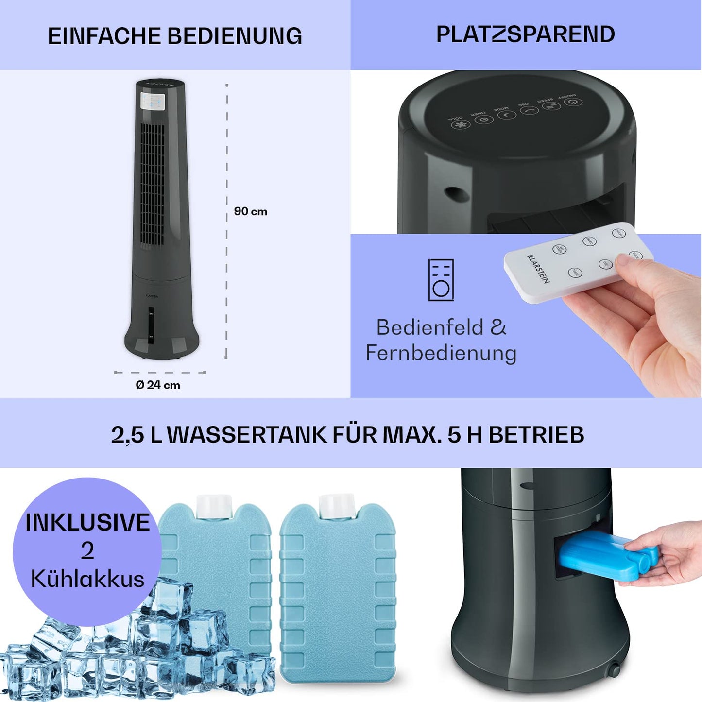 Klarstein portable air conditioner without exhaust hose, 4-in-1 air cooler, quiet fan, humidifier & night mode, mobile air cooler with water cooling, 40 watt, airflow 530m³/h, silver grey.
