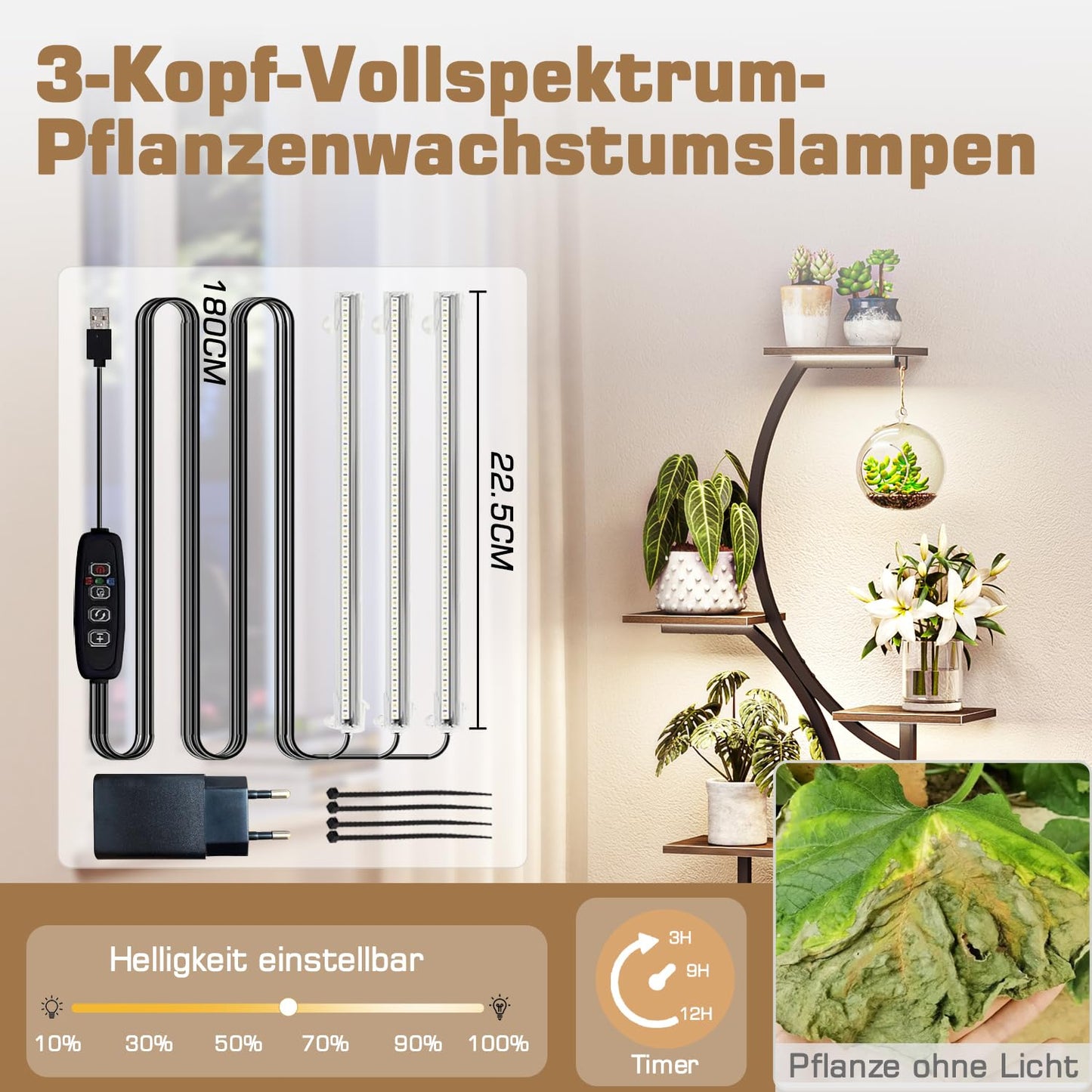 ShineMuse Plant Stand with Growth Light 160cm, Wood and Metal Flower Stand with LED Growth Light, 7-Tier Metal Plant Shelf with Legs for Outdoor and Indoor, Living Room, Balcony, Bedroom