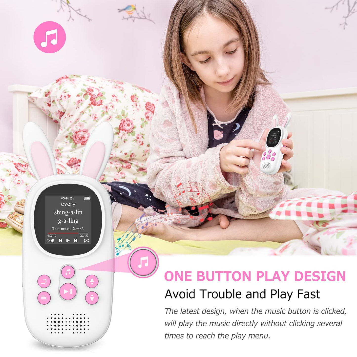 32GB Bluetooth MP3 Player for Kids, Cute Bunny Children's Music MP3 Player with Headphones & Speaker, MP3 Player with FM Radio, Recording, Alarm, Pedometer, Stopwatch, Supports up to 128GB.