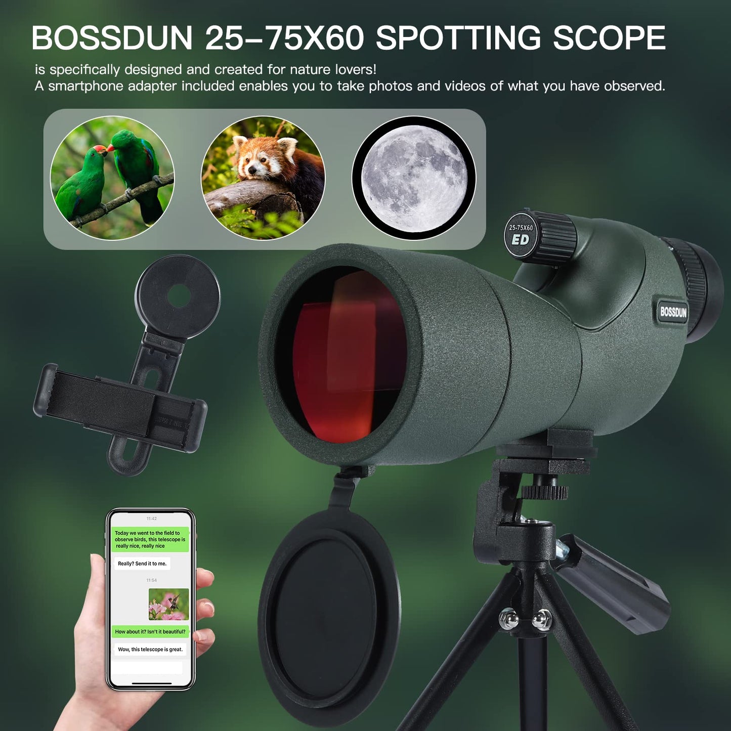 25-75X60 spotting scope for target shooting, hunting, bird watching, wildlife observation. Low light vision scope with metal tripod, phone adapter, carrying case, BAK4 prism, FMC lens, fog-proof (60G).