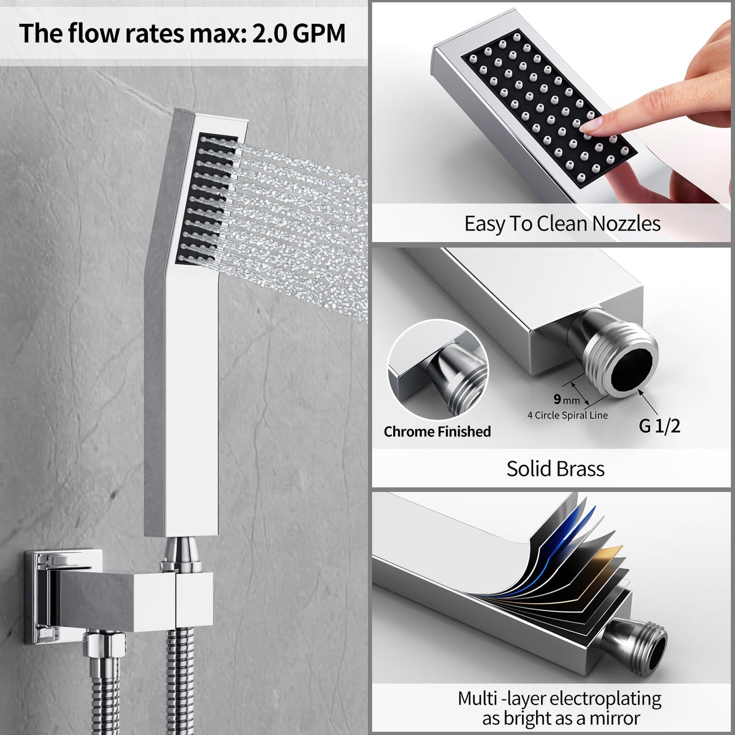 Rainsworth shower system for wall mounting, concealed shower mixer set with rain shower 30x30cm, concealed fittings made of high-quality stainless steel and brass, chrome shower set