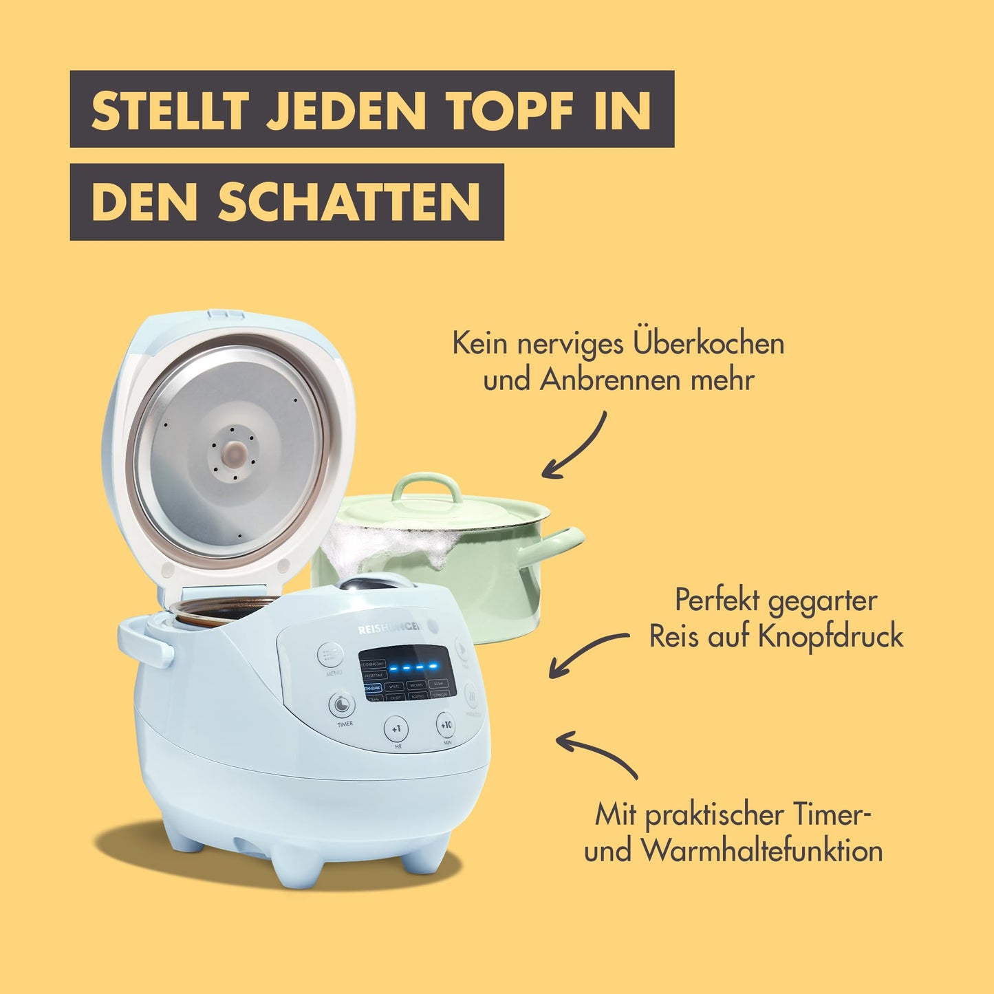 REISHUNGER Digital Rice Cooker small, light blue | 0.6 L for 3 people | Keep warm function, timer & premium pot | Small multicooker & steamer, 8 programs, 7-phase technology