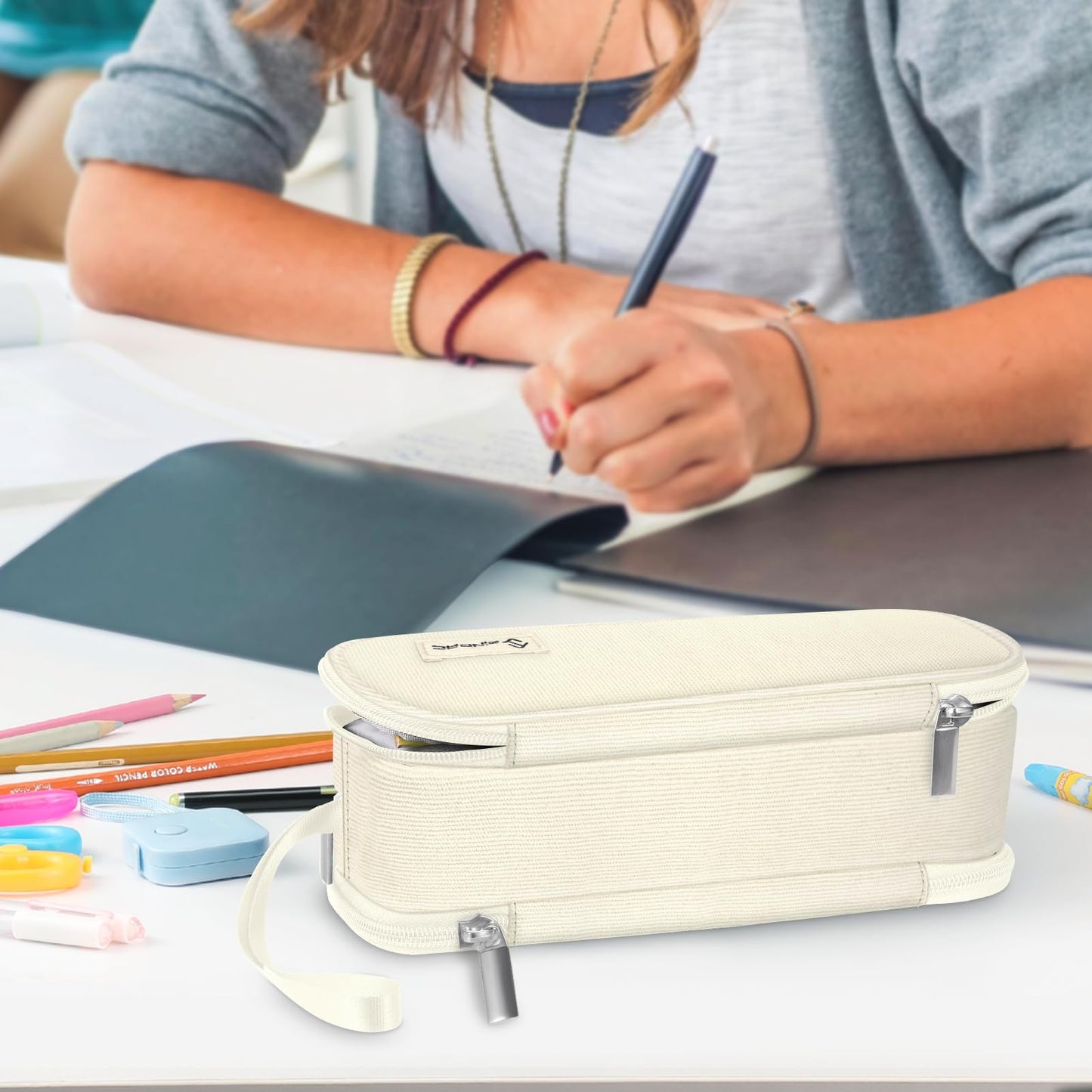 FINPAC Pencil Case - Large capacity pencil pouch with 3 compartments, perfect for school & office use. (Beige)