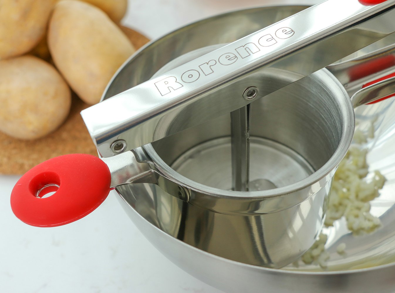 Rorence stainless steel potato masher with 3 interchangeable discs & inner cup & silicone grips (Black)