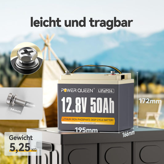Power Queen 12.8V 50Ah LiFePO4 lithium battery, 640Wh lithium battery, over 4000+ cycles, replacement battery for lead-acid battery, widely used in RVs, camping, and solar energy.