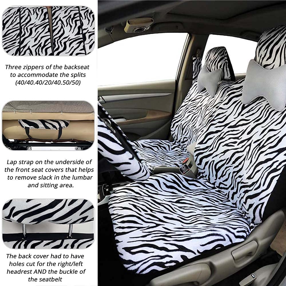 Zebra car seat covers, complete set for front and back seats, includes 2 seat belt pads and universal 15 inch steering wheel cover, fits cars, trucks, SUVs or vans, designed for women (Zebra)