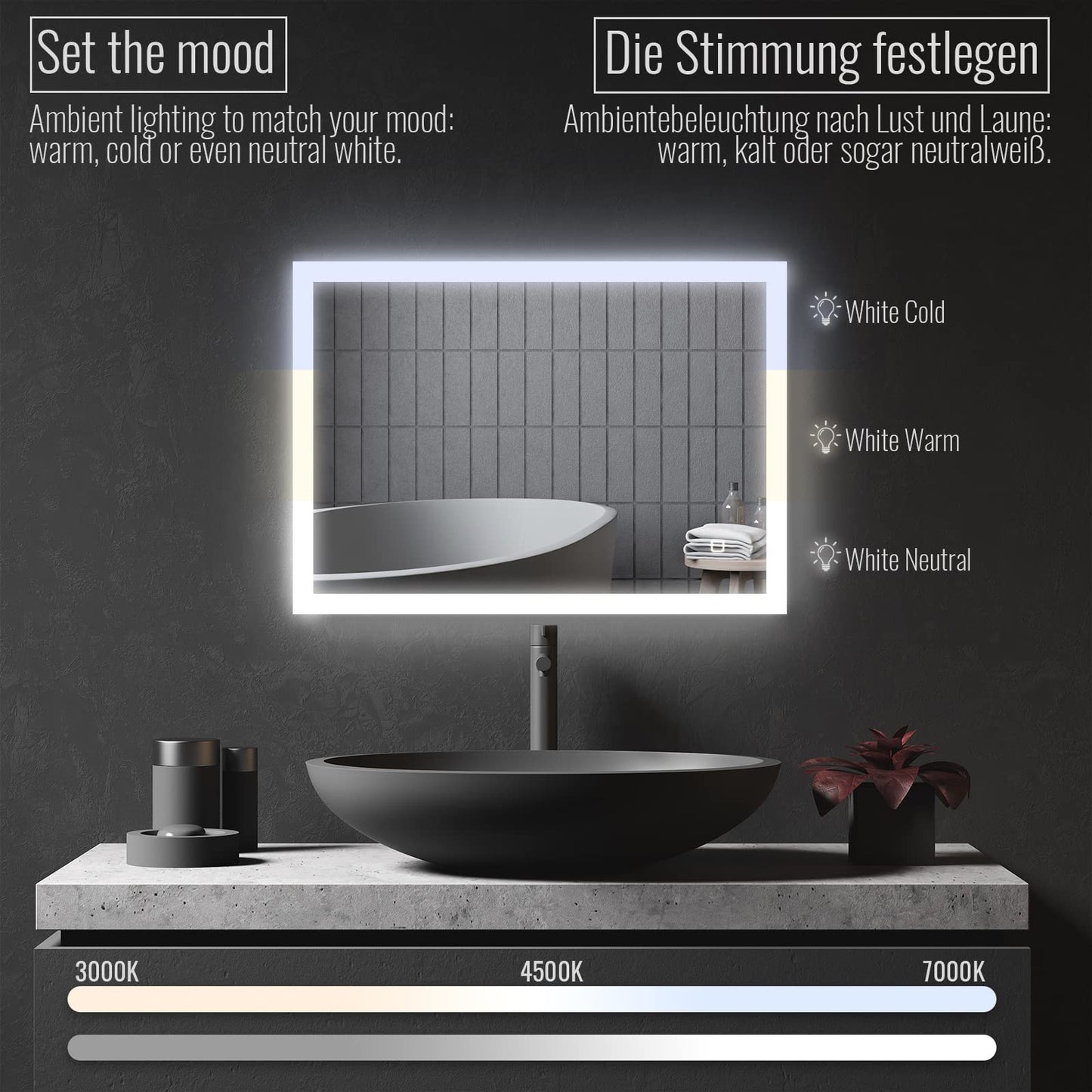 Aquamarin® LED Bathroom Mirror - 50x70 cm, Anti-Fog, Dimmable, Energy Efficient, with Memory Function, 3000-7000K - Bathroom Mirror, LED Mirror, Light Mirror, Wall Mirror for Bathroom