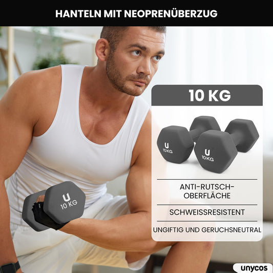 unycos - Neoprene dumbbells【2 sets, 10 kg】Hexagon dumbbells, Non-slip for women and men, Anti-roll design, Gym, Strength training, Pilates, Home fitness equipment (Dark grey)
