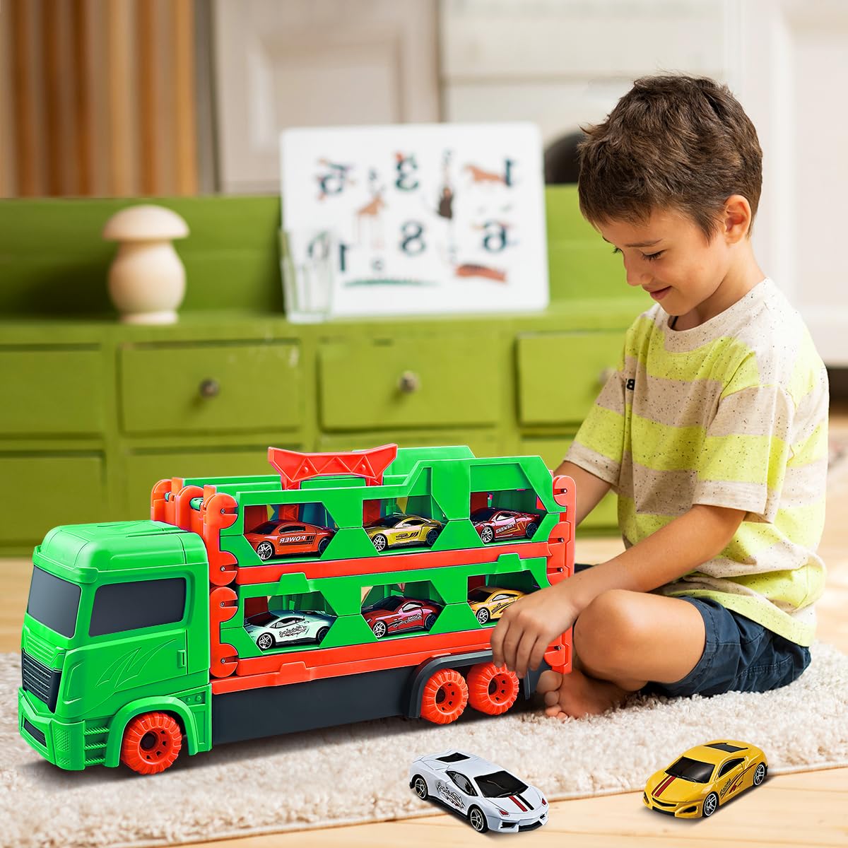 VATOS Transport Truck Toy Cars for boys aged 3, 4, 5, 6 years old, portable race track truck toy car with 6 race cars, transporter vehicle toy set for kids.
