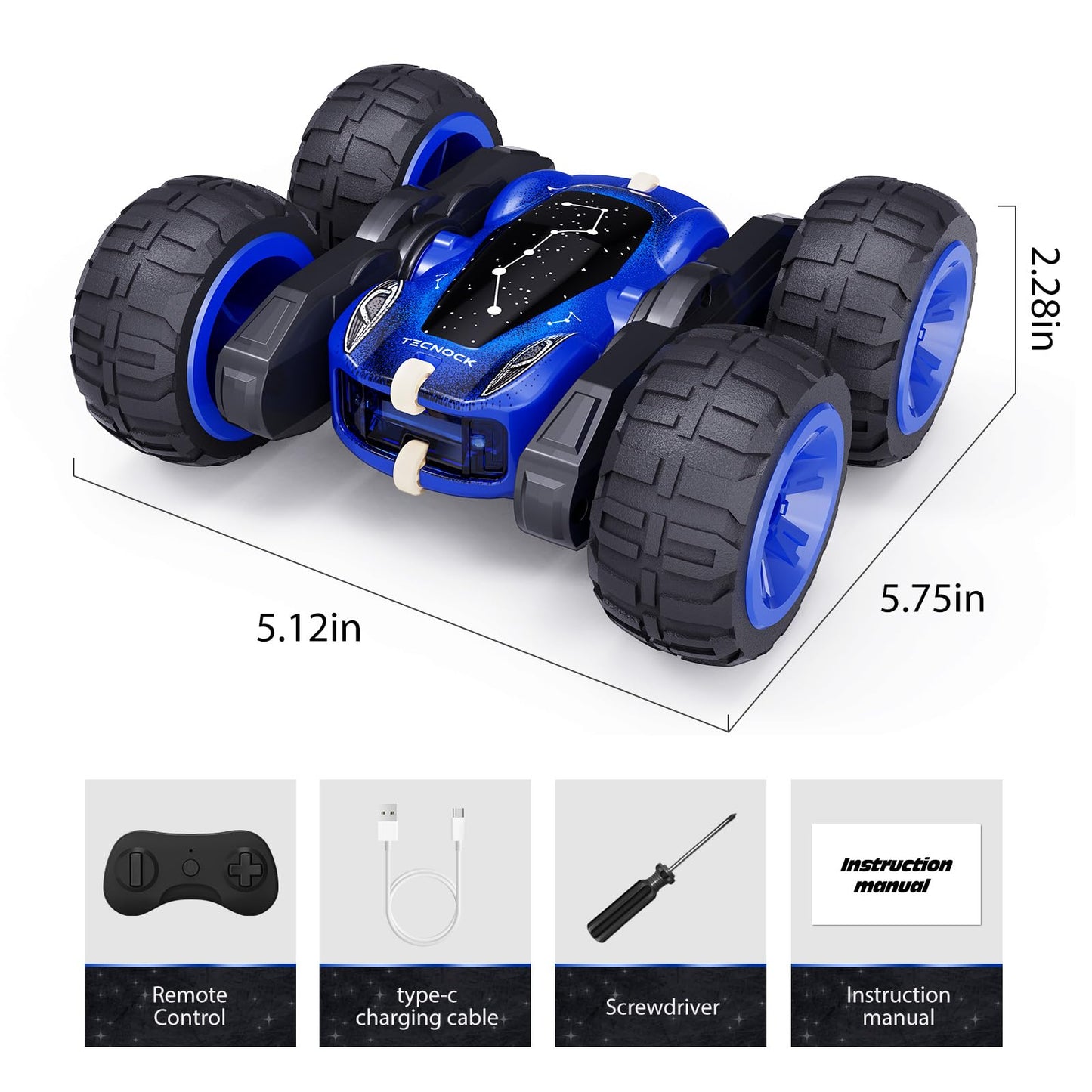 Tecnock 2025 Remote Control Car with 2.4 GHz Remote 360°Flip Stunts Rc Car Monster Truck with Colorful Lights for 6-12 Year Olds Outdoor Toy Gift for Young Children