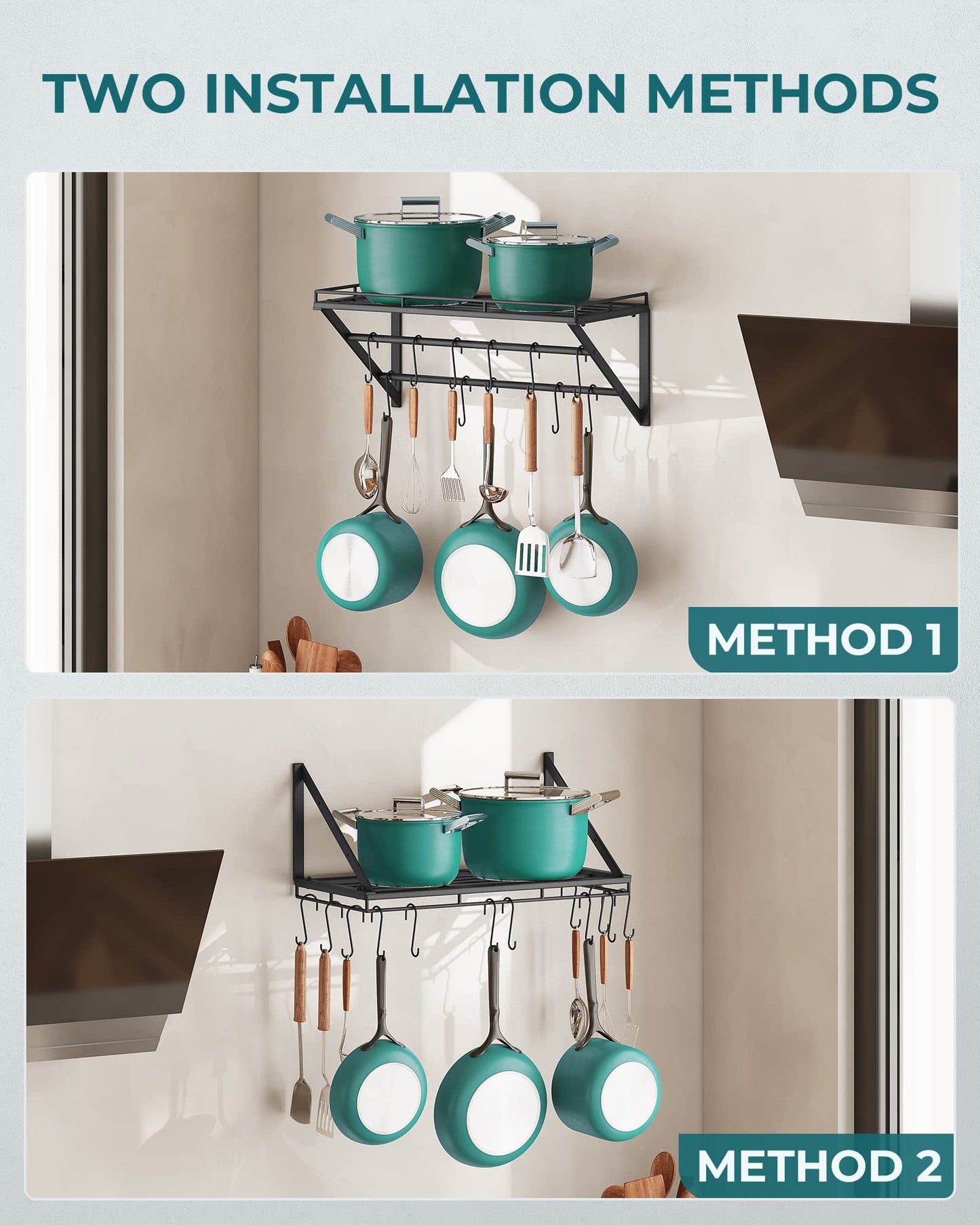 OROPY Pot Rack, 3-Tier Iron Kitchen Shelf Wall Mounted, Pan Holder with 12 Hooks, 60 * 29.5 * 24.5cm, Kitchen Utensil Holder, Kitchen Wall Shelf for Pots and Pans