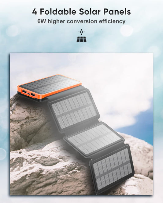 Hiluckey Solar Powerbank 25000mAh with 4 solar panels, 3A fast charging USB C portable solar charger with 3 outputs external battery for phone tablet