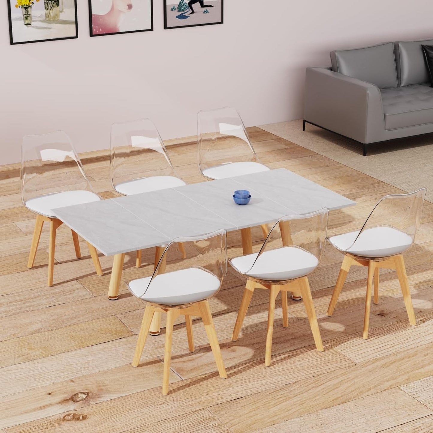 JIJIAN set of 6 dining chairs, transparent TPE backrest, beech wood legs, PU leather upholstered, Nordic style. Suitable for dining room, kitchen, living room, office, cafe.
