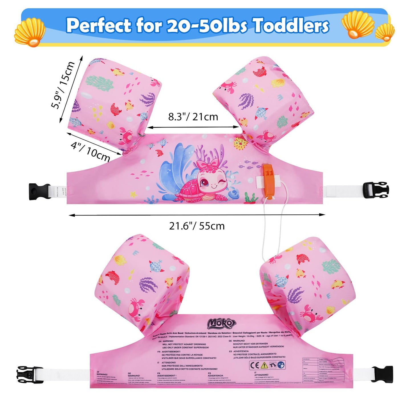 MoKo Kids Swim Arm Bands, Cartoon Floating Swim Training Jacket with Buckle for Boys Girls, 20 to 50 lb, Pink Turtle